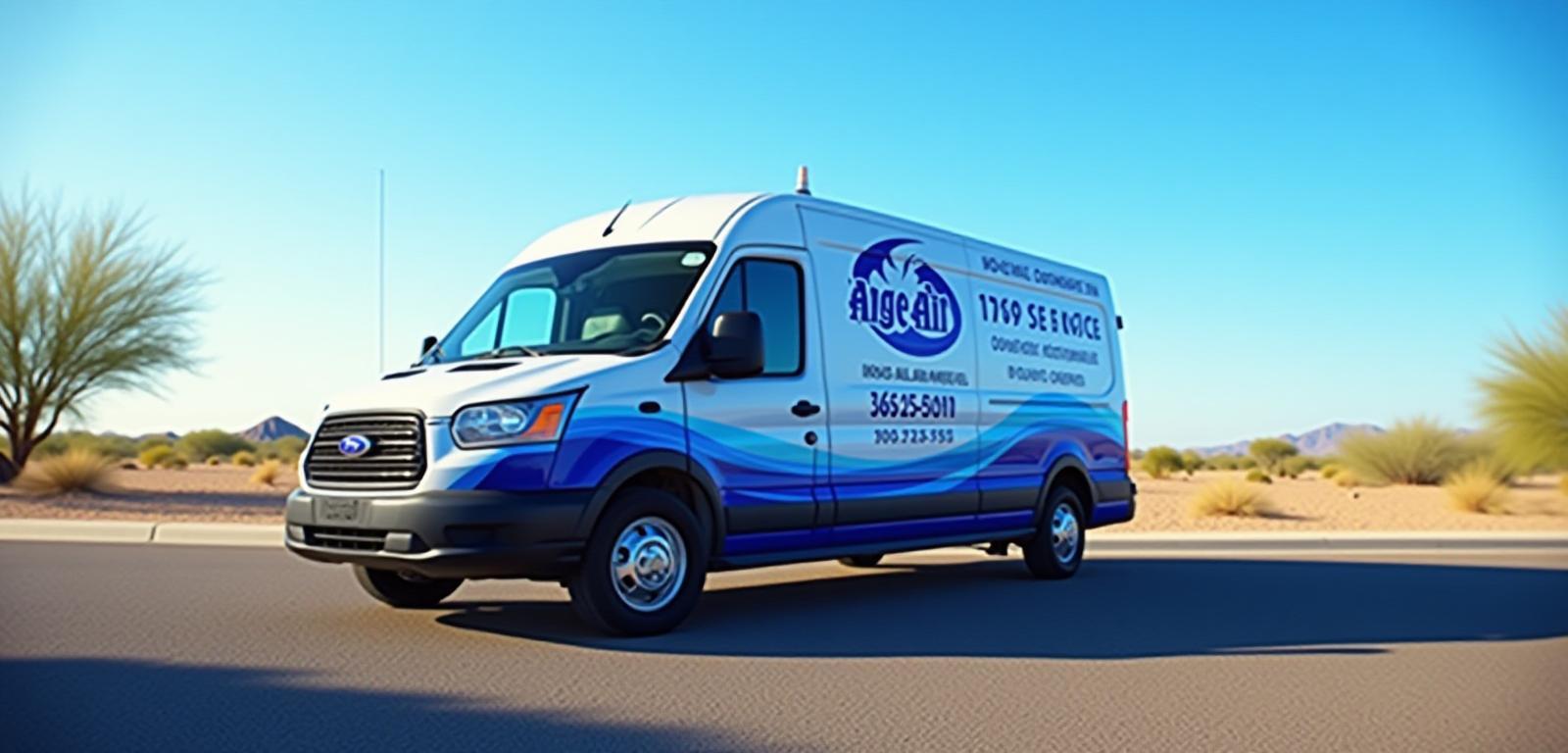 Angel Air service van ready for dispatch in Queen Creek AZ, blue sky and daylight