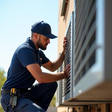 Angel Air technician repairing AC unit on a sunny day